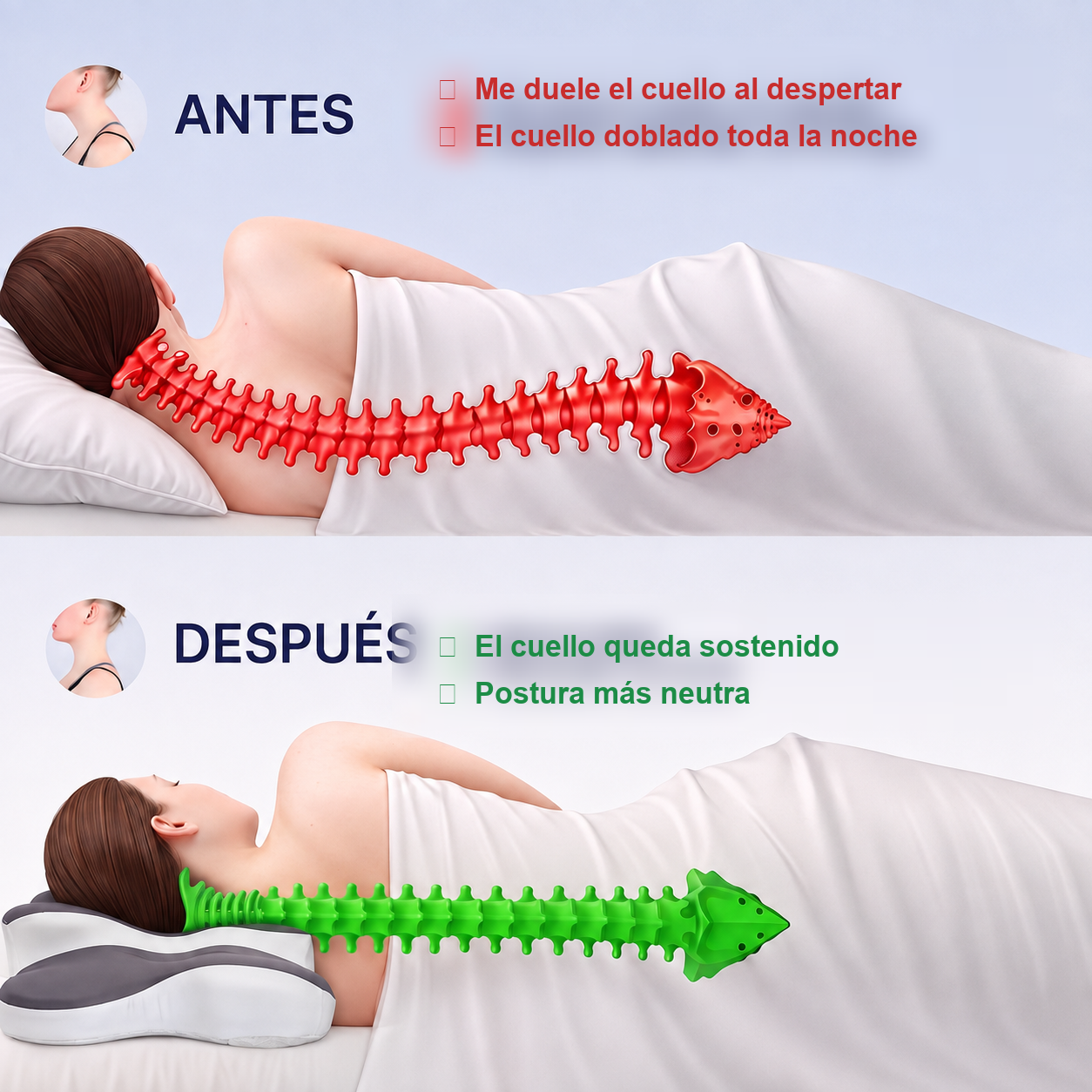 Antes y despues: el cuello sostenido en lugar de doblado