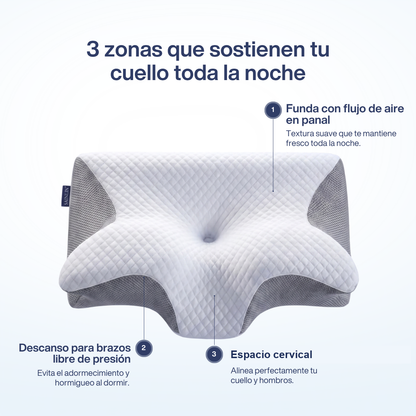 Tres zonas: funda transpirable, descanso para brazos y espacio cervical