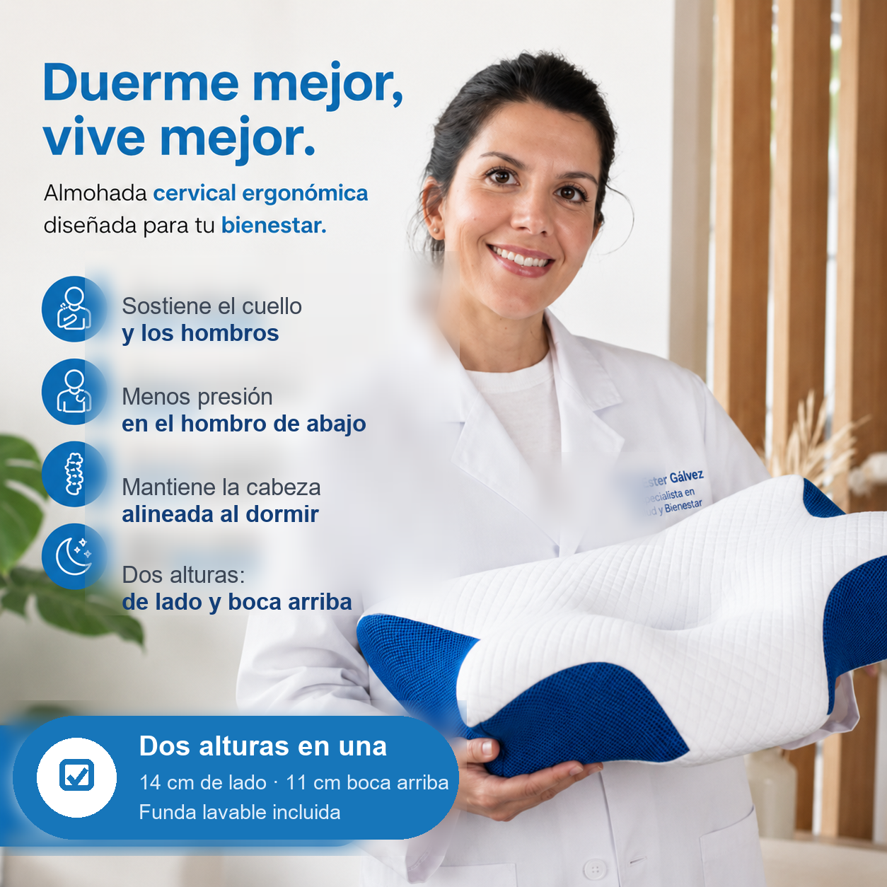 Almohada cervical CerviFlex de Pillowery: dos alturas, 14 cm de lado y 11 cm boca arriba