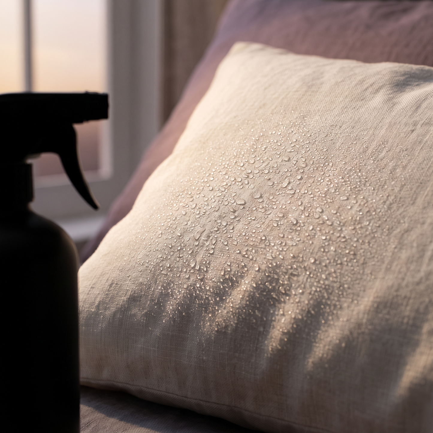 Fine mist settling on a linen pillowcase