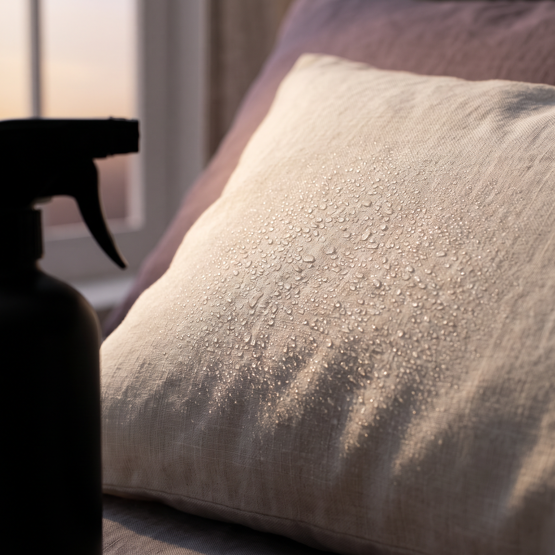Fine mist settling on a linen pillowcase
