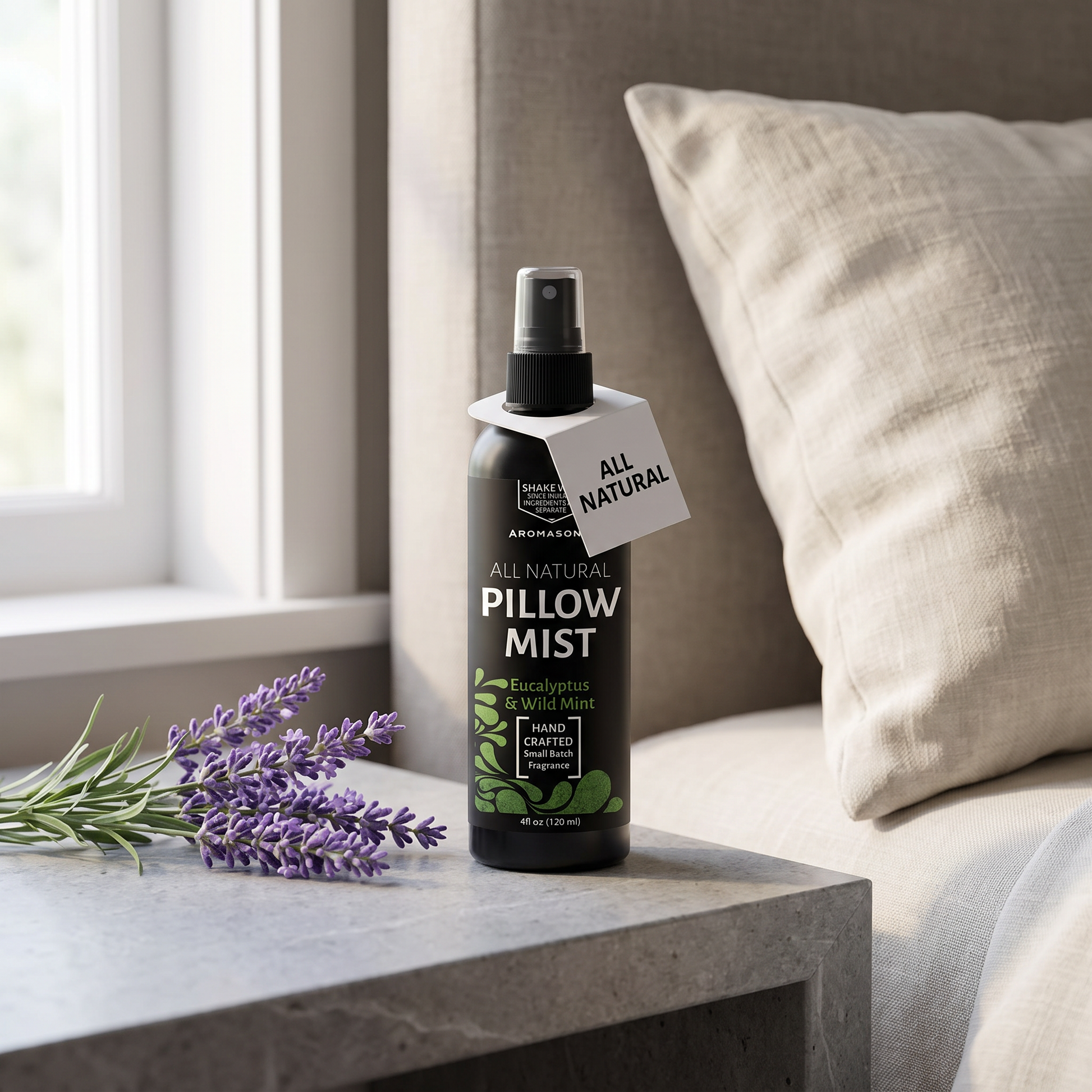 Pillowery Drift pillow mist on a stone nightstand with lavender
