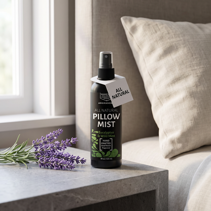 Pillowery Drift pillow mist on a stone nightstand with lavender