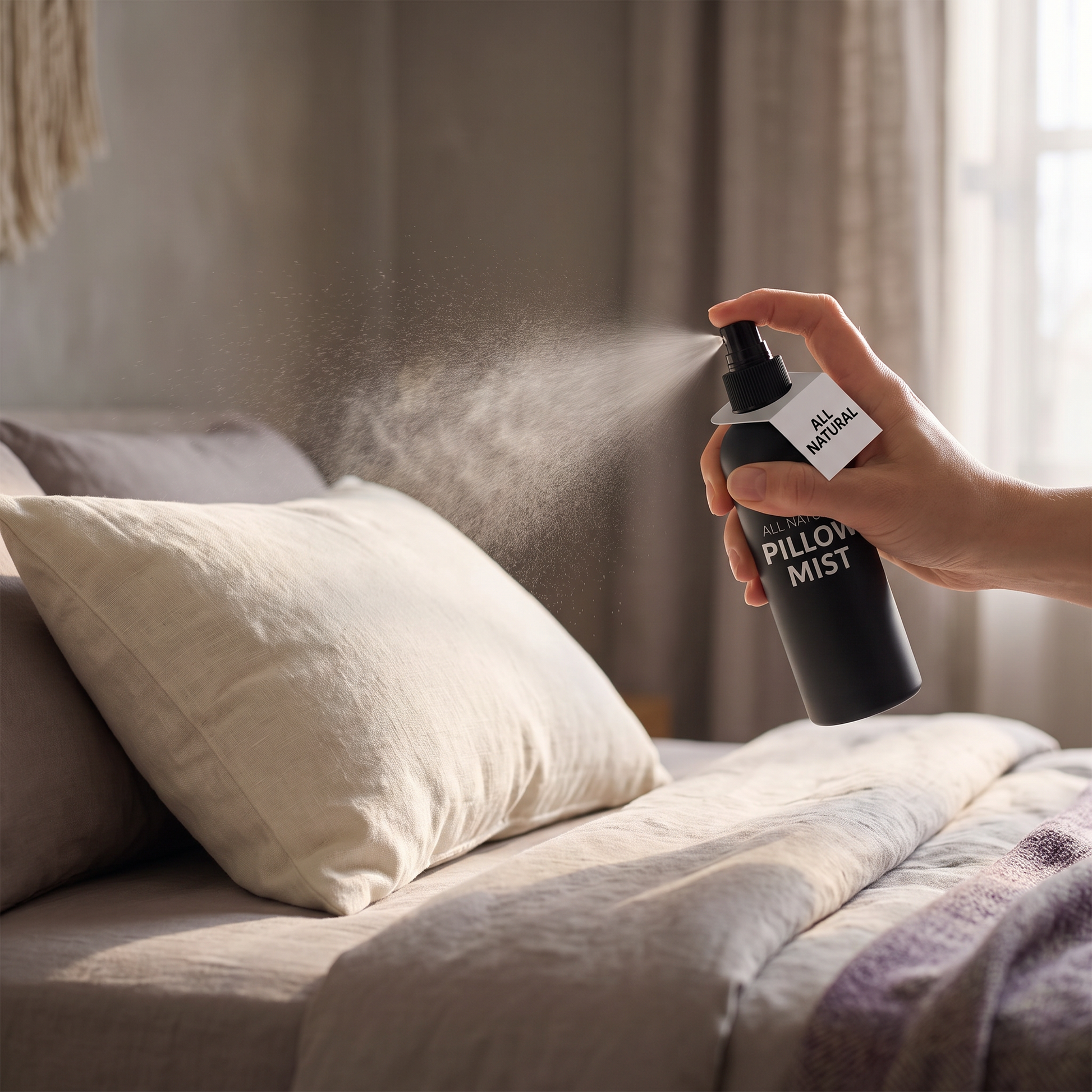Spraying Pillowery Drift pillow mist onto a linen pillow